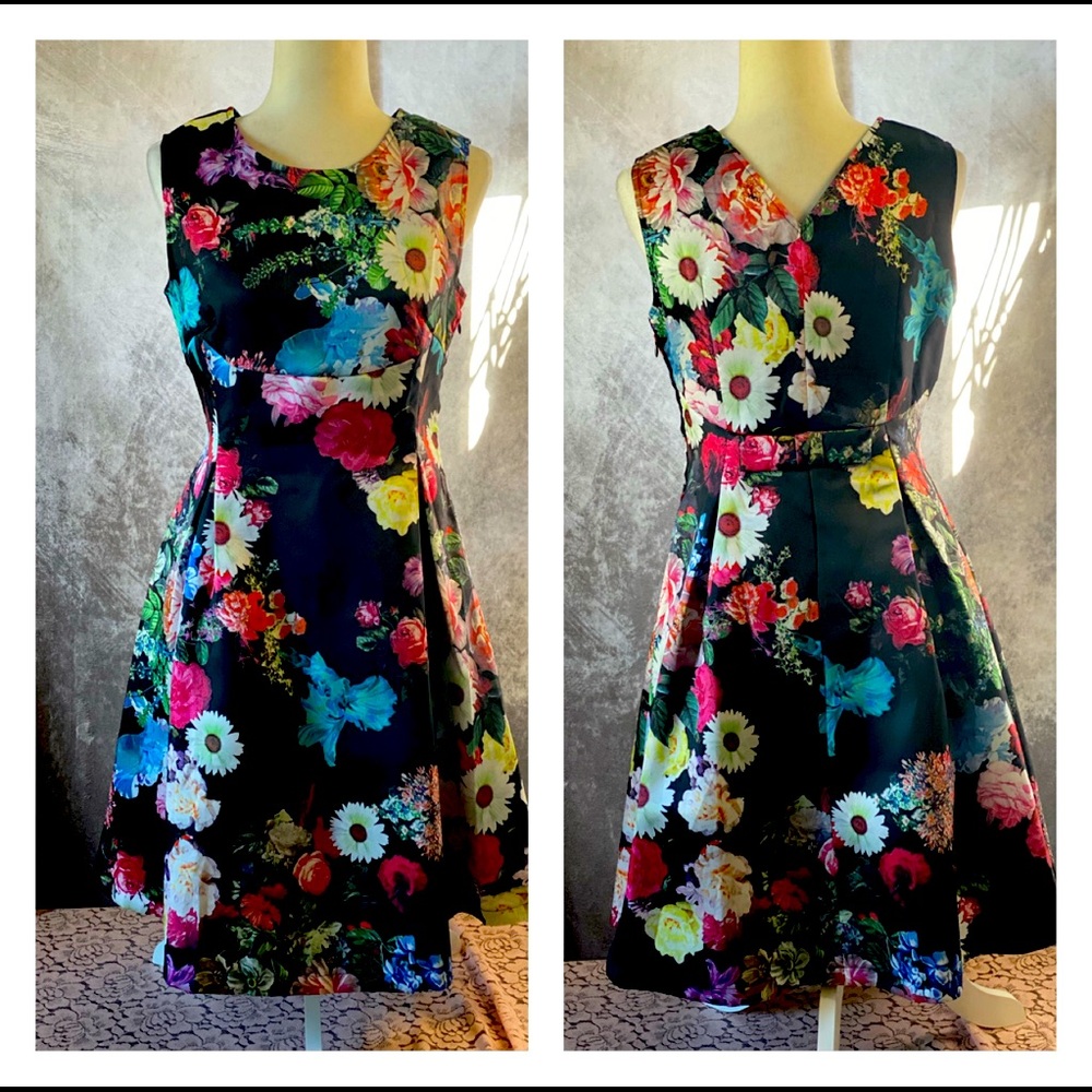 Jolie Moi dark flower patterned fit and flair dress